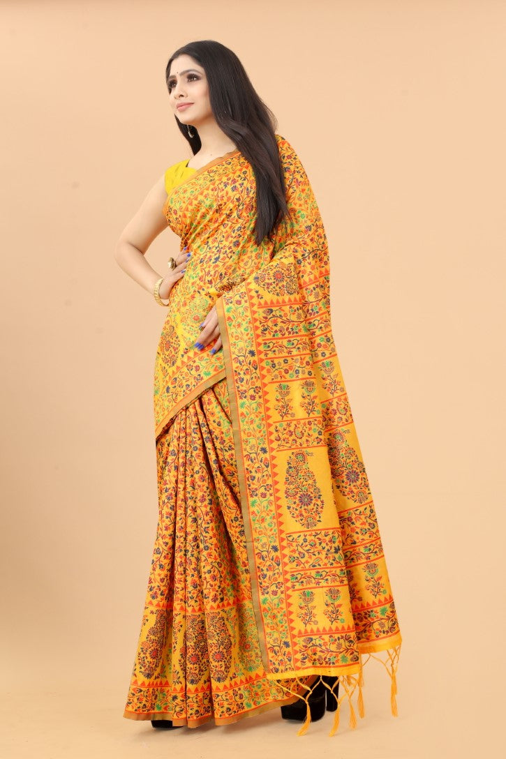 Women's Yellow color With Golden Zari Kalamkari Cotton saree with Customize blouse piece