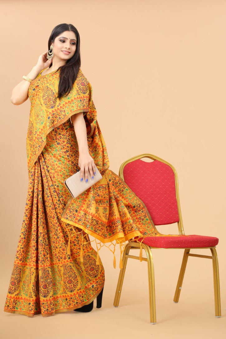 Women's Yellow color With Golden Zari Kalamkari Cotton saree with Customize blouse piece