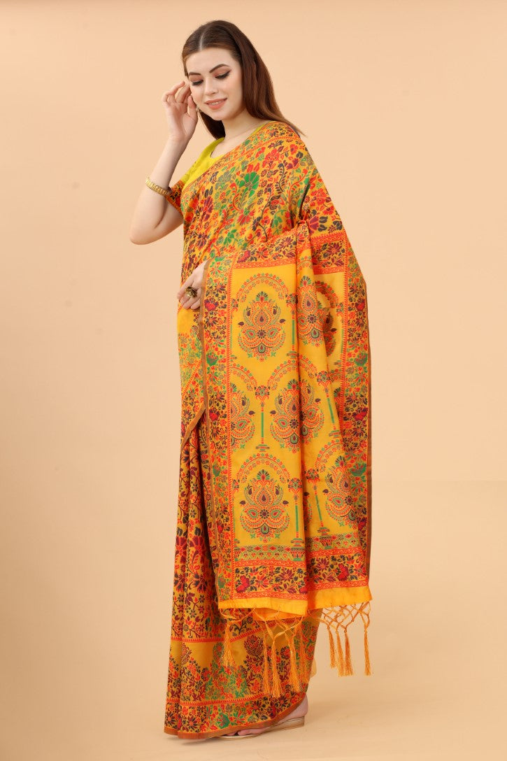 Women's Yellow color With Golden Zari Kalamkari Cotton saree with Customize blouse piece