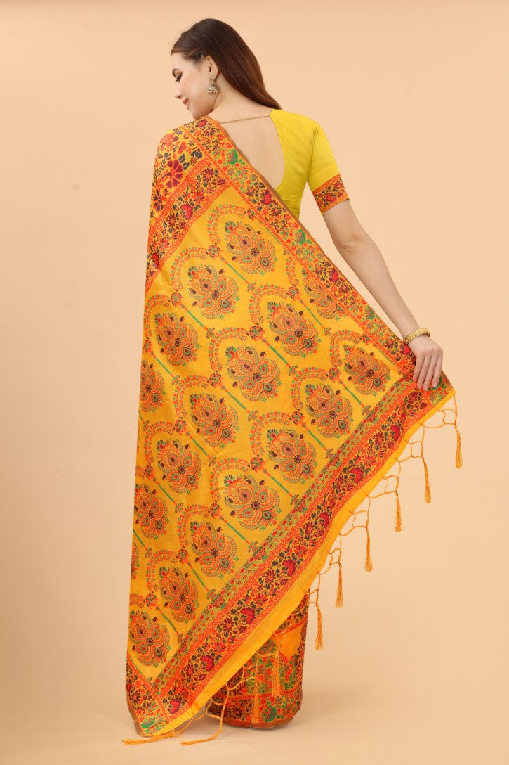 Women's Yellow color With Golden Zari Kalamkari Cotton saree with Customize blouse piece