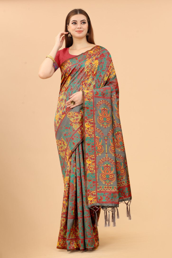 Women's Grey color With Golden Zari Kalamkari Cotton saree with Customize blouse piece