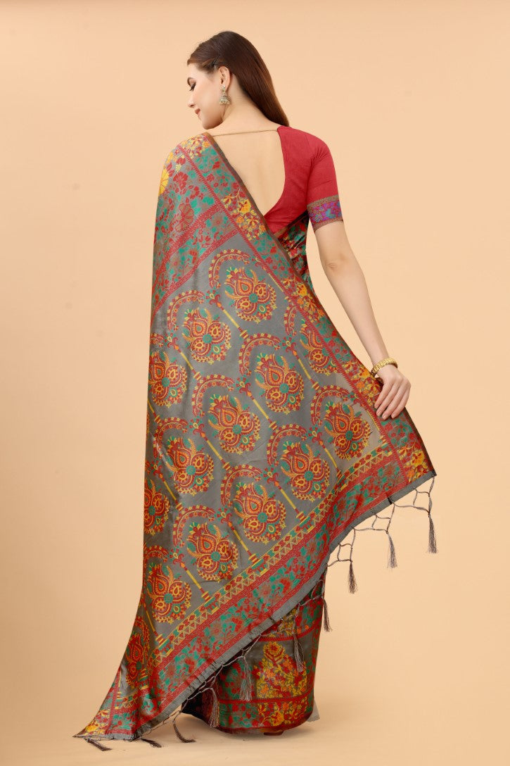 Women's Grey color With Golden Zari Kalamkari Cotton saree with Customize blouse piece