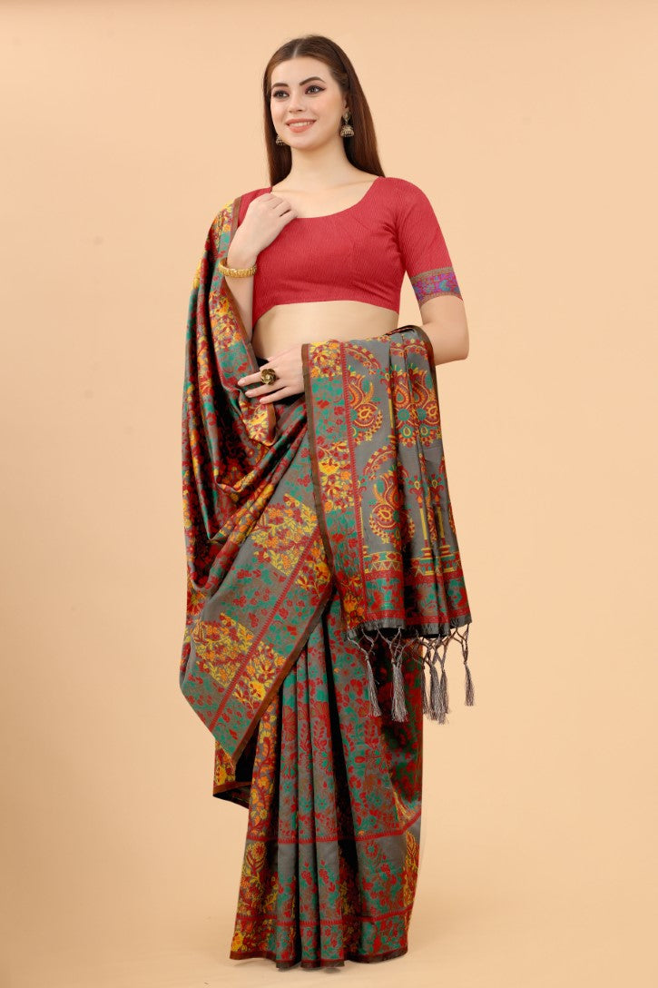 Women's Grey color With Golden Zari Kalamkari Cotton saree with Customize blouse piece