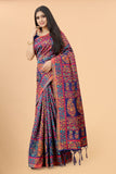 Women's Navy Blue color With Golden Zari Kalamkari Cotton saree with Customize blouse piece