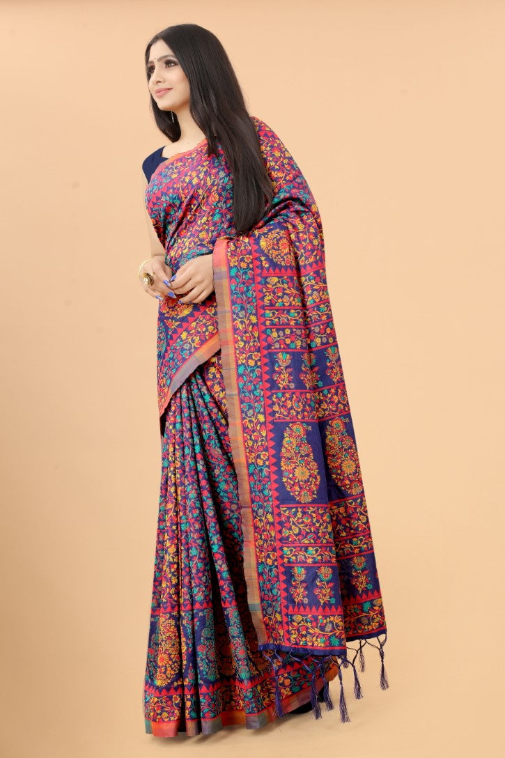 Women's Navy Blue color With Golden Zari Kalamkari Cotton saree with Customize blouse piece