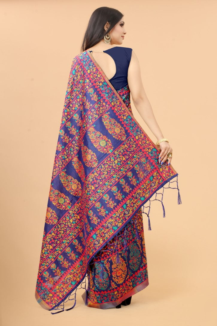 Women's Navy Blue color With Golden Zari Kalamkari Cotton saree with Customize blouse piece