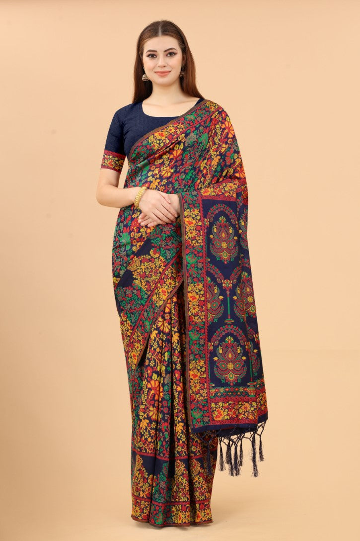 Women's Navy Blue color With Golden Zari Kalamkari Cotton saree with Customize blouse piece