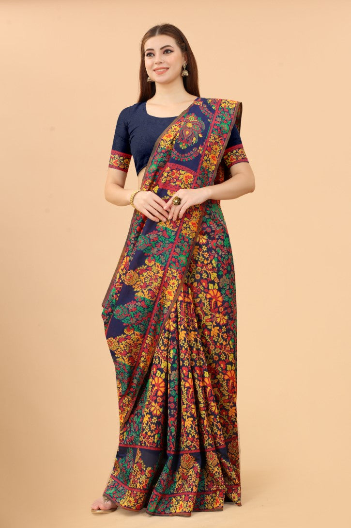 Women's Navy Blue color With Golden Zari Kalamkari Cotton saree with Customize blouse piece