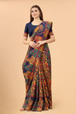 Women's Navy Blue color With Golden Zari Kalamkari Cotton saree with Customize blouse piece