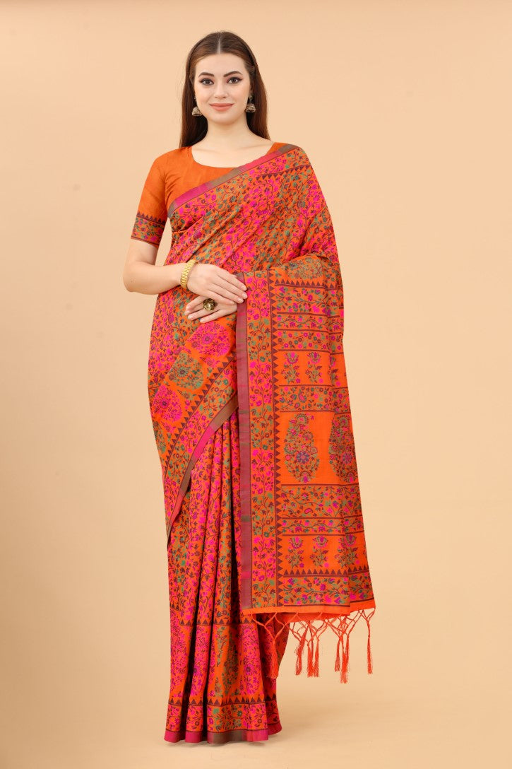 Women's Orange color With Golden Zari Kalamkari Cotton saree with Customize blouse piece