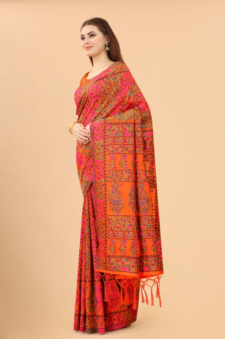 Women's Orange color With Golden Zari Kalamkari Cotton saree with Customize blouse piece