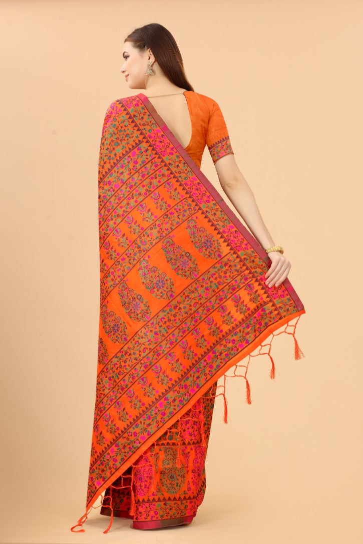 Women's Orange color With Golden Zari Kalamkari Cotton saree with Customize blouse piece