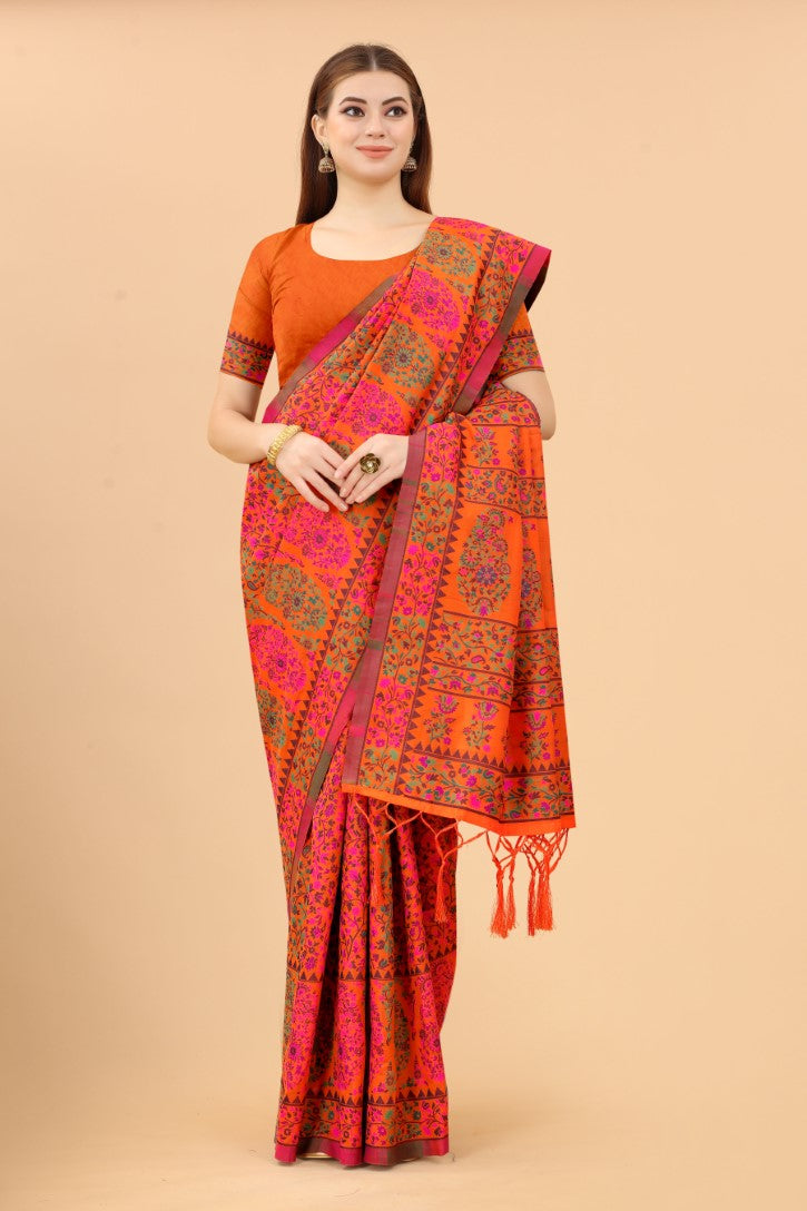 Women's Orange color With Golden Zari Kalamkari Cotton saree with Customize blouse piece