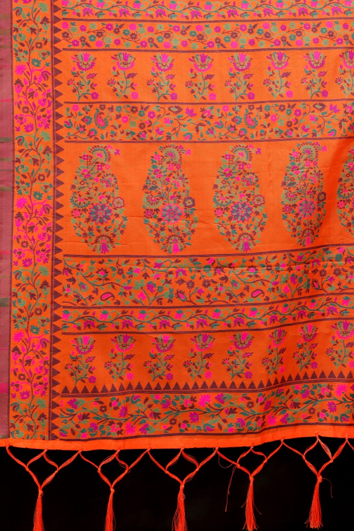 Women's Orange color With Golden Zari Kalamkari Cotton saree with Customize blouse piece