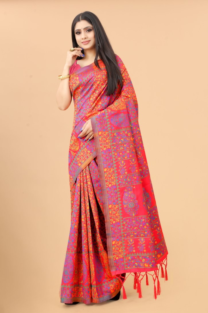 Women's Peach color With Golden Zari Kalamkari Cotton saree with Customize blouse piece