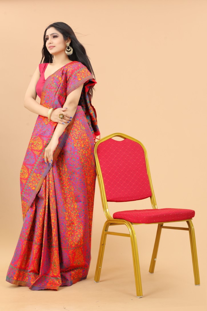 Women's Peach color With Golden Zari Kalamkari Cotton saree with Customize blouse piece