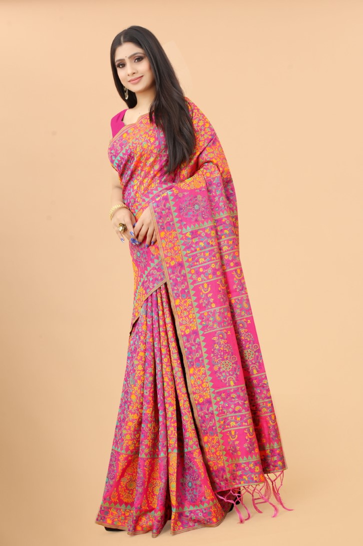 Women's Pink color With Golden Zari Kalamkari Cotton saree with Customize blouse piece