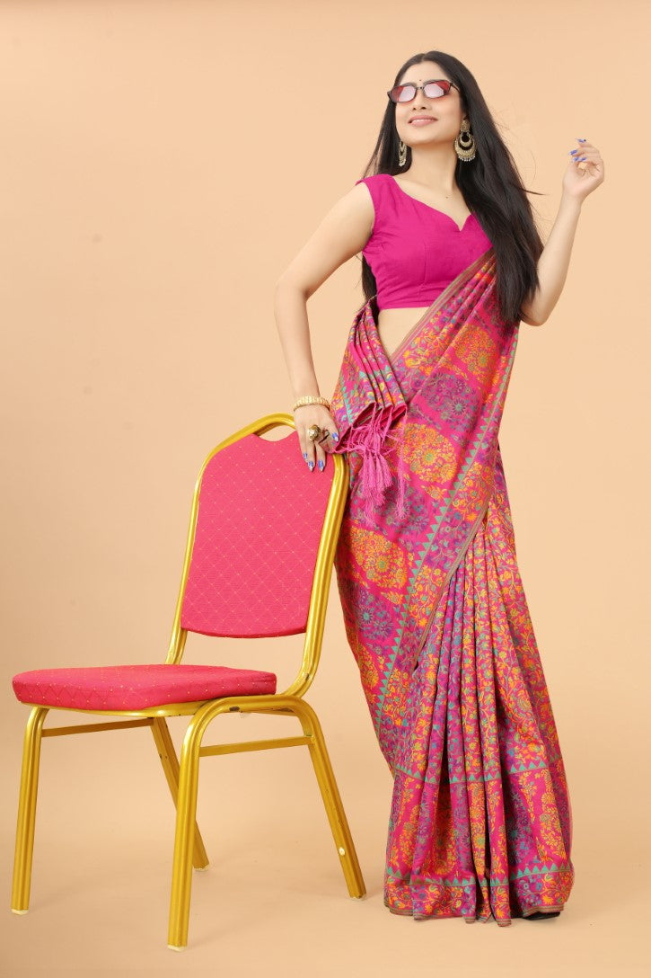 Women's Pink color With Golden Zari Kalamkari Cotton saree with Customize blouse piece