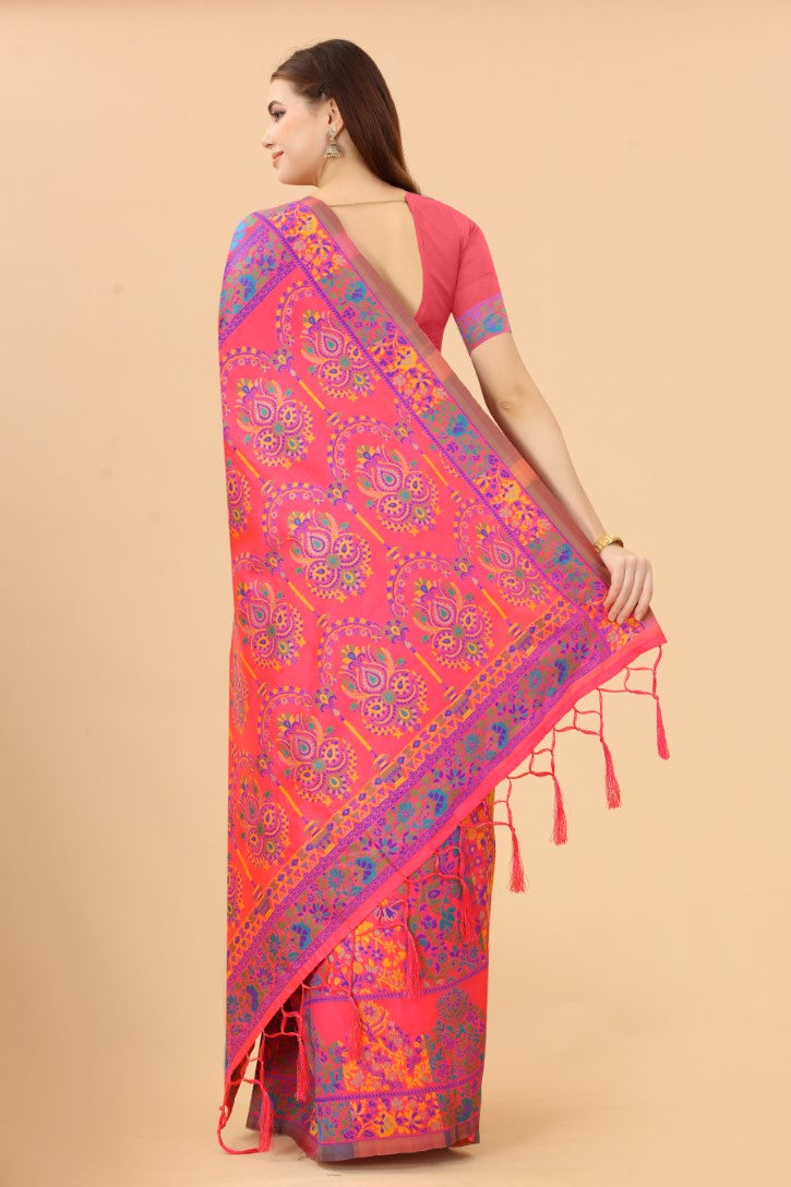 Women's Pink color With Golden Zari Kalamkari Cotton saree with Customize blouse piece