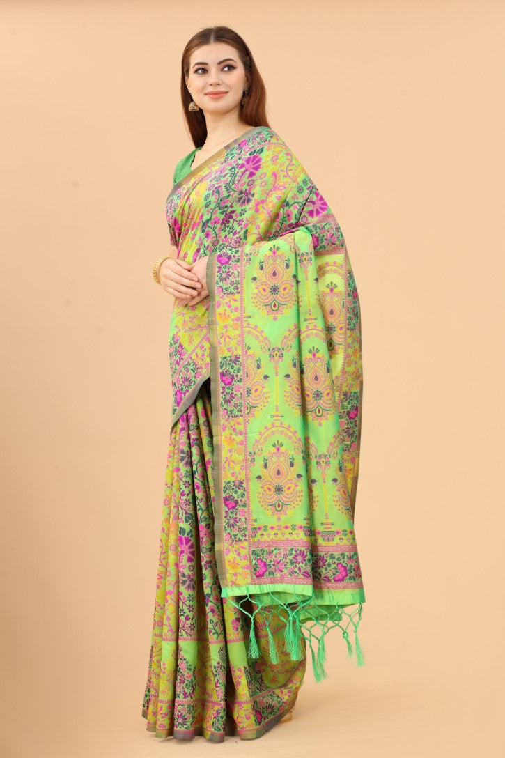 Women's Pista color With Golden Zari Kalamkari Cotton saree with Customize blouse piece