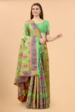 Women's Pista color With Golden Zari Kalamkari Cotton saree with Customize blouse piece