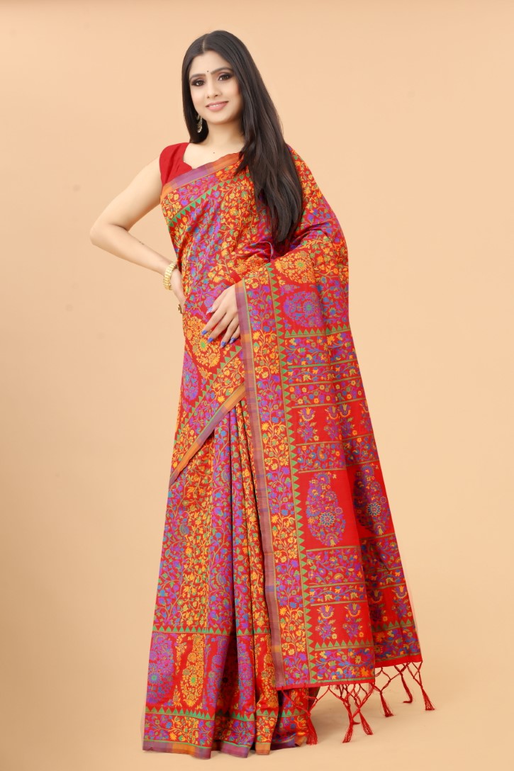 Women's Red color With Golden Zari Kalamkari Cotton saree with Customize blouse piece