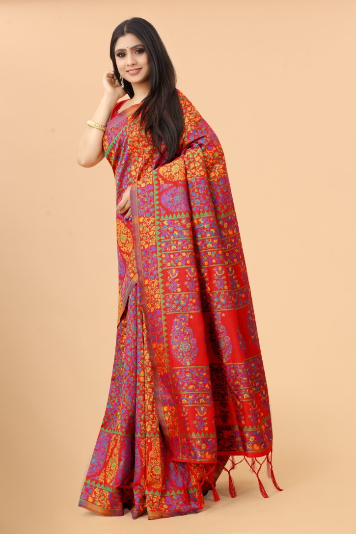 Women's Red color With Golden Zari Kalamkari Cotton saree with Customize blouse piece