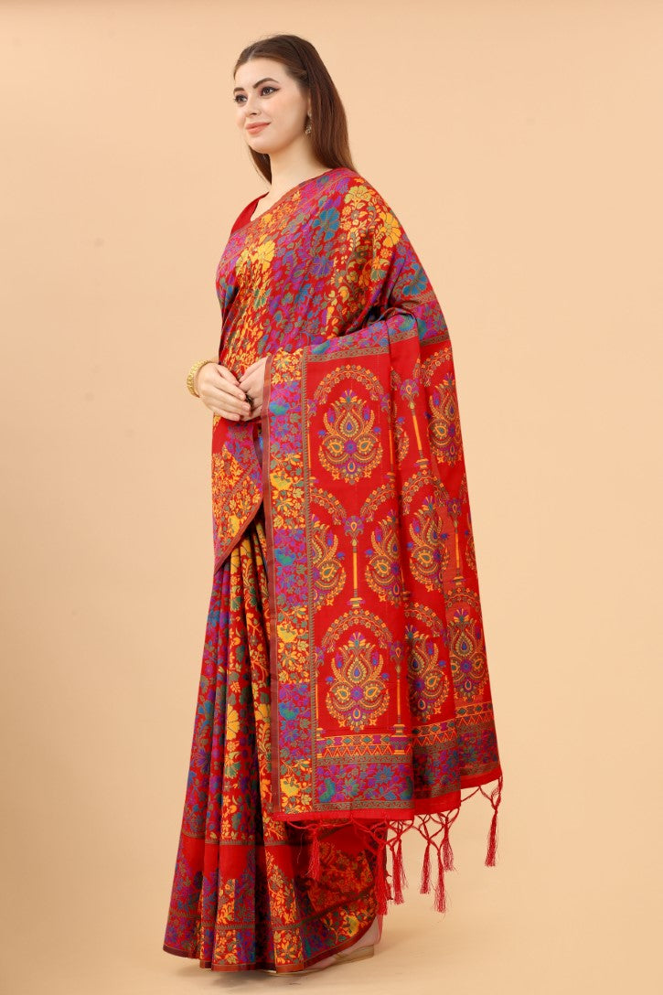 Women's Red color With Golden Zari Kalamkari Cotton saree with Customize blouse piece