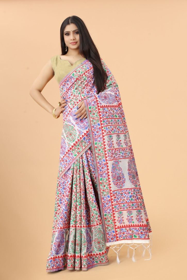 Women's White color With Golden Zari Kalamkari Cotton saree with Customize blouse piece