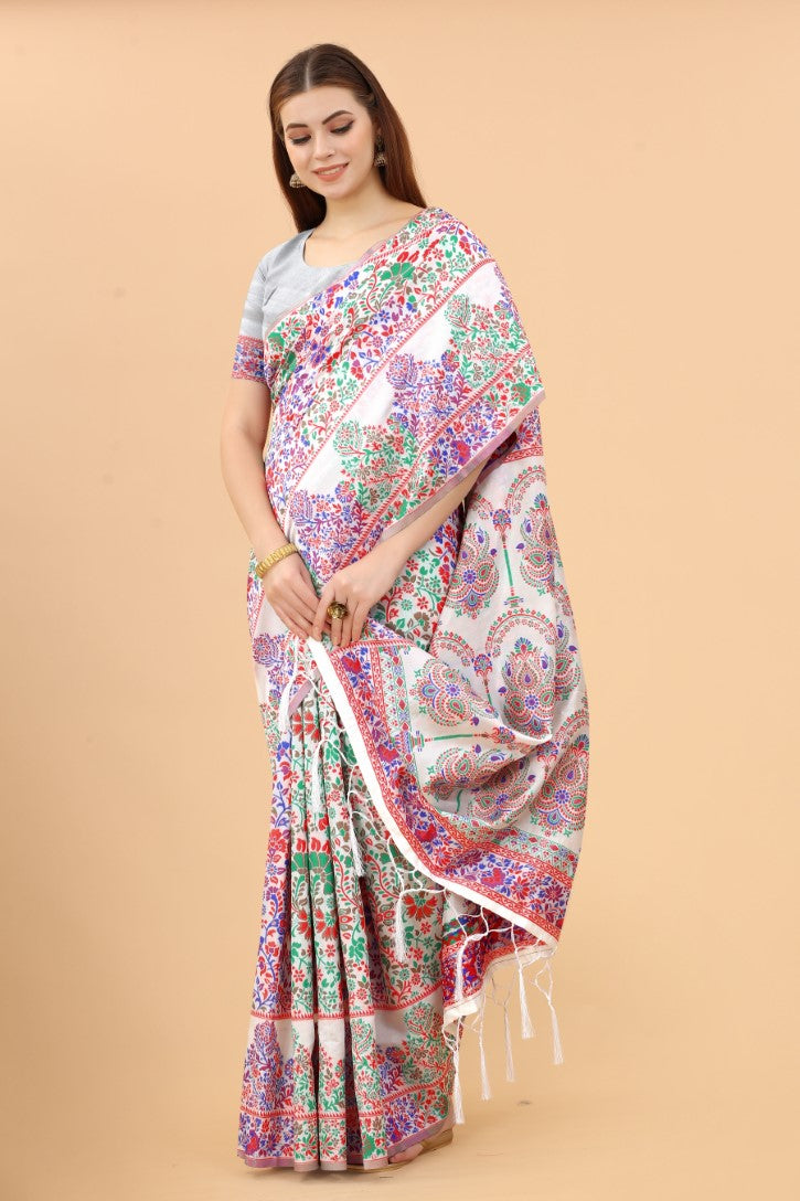 Women's White color With Golden Zari Kalamkari Cotton saree with Customize blouse piece