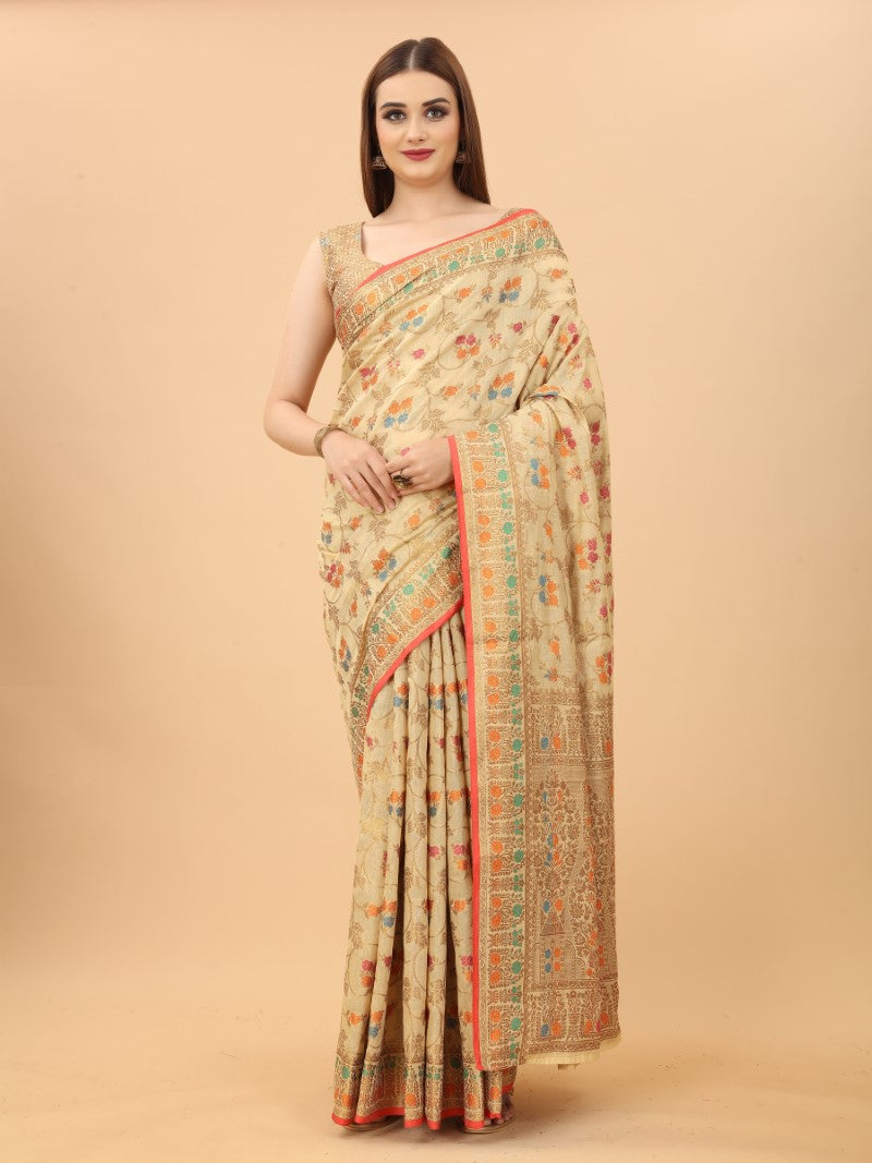 Women's Cream color With Golden Zari Chanderi Cotton silk saree with Customize blouse piece