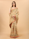 Women's Cream color With Golden Zari Chanderi Cotton silk saree with Customize blouse piece