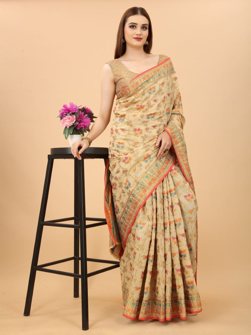 Women's Cream color With Golden Zari Chanderi Cotton silk saree with Customize blouse piece