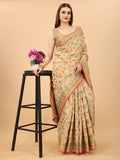 Women's Cream color With Golden Zari Chanderi Cotton silk saree with Customize blouse piece