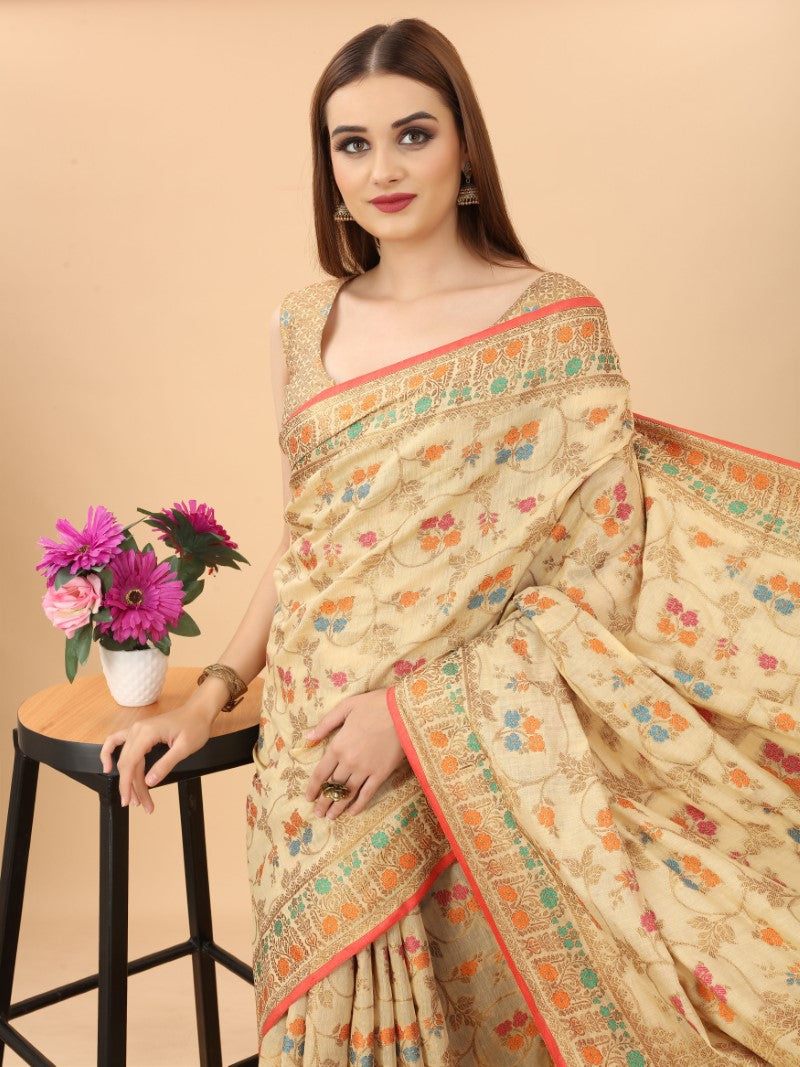 Women's Cream color With Golden Zari Chanderi Cotton silk saree with Customize blouse piece