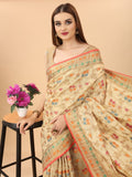 Women's Cream color With Golden Zari Chanderi Cotton silk saree with Customize blouse piece