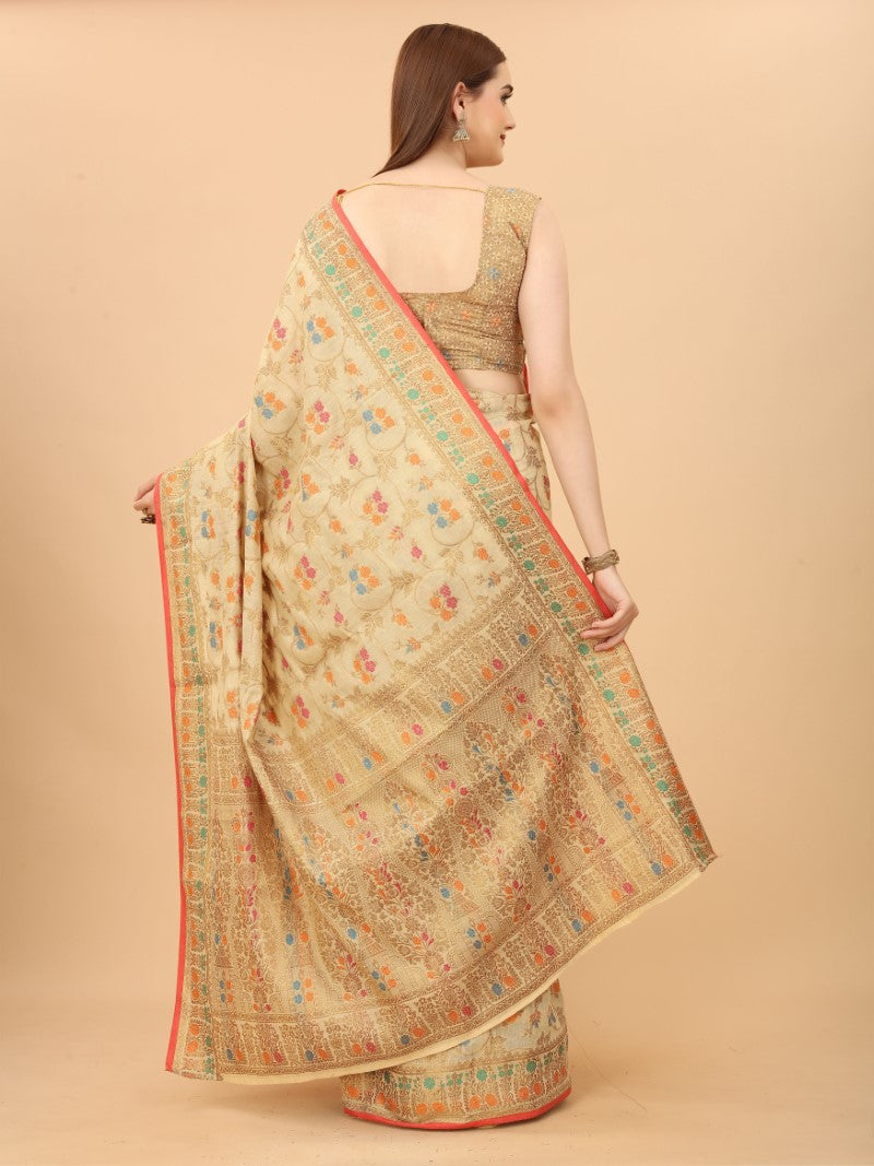 Women's Cream color With Golden Zari Chanderi Cotton silk saree with Customize blouse piece