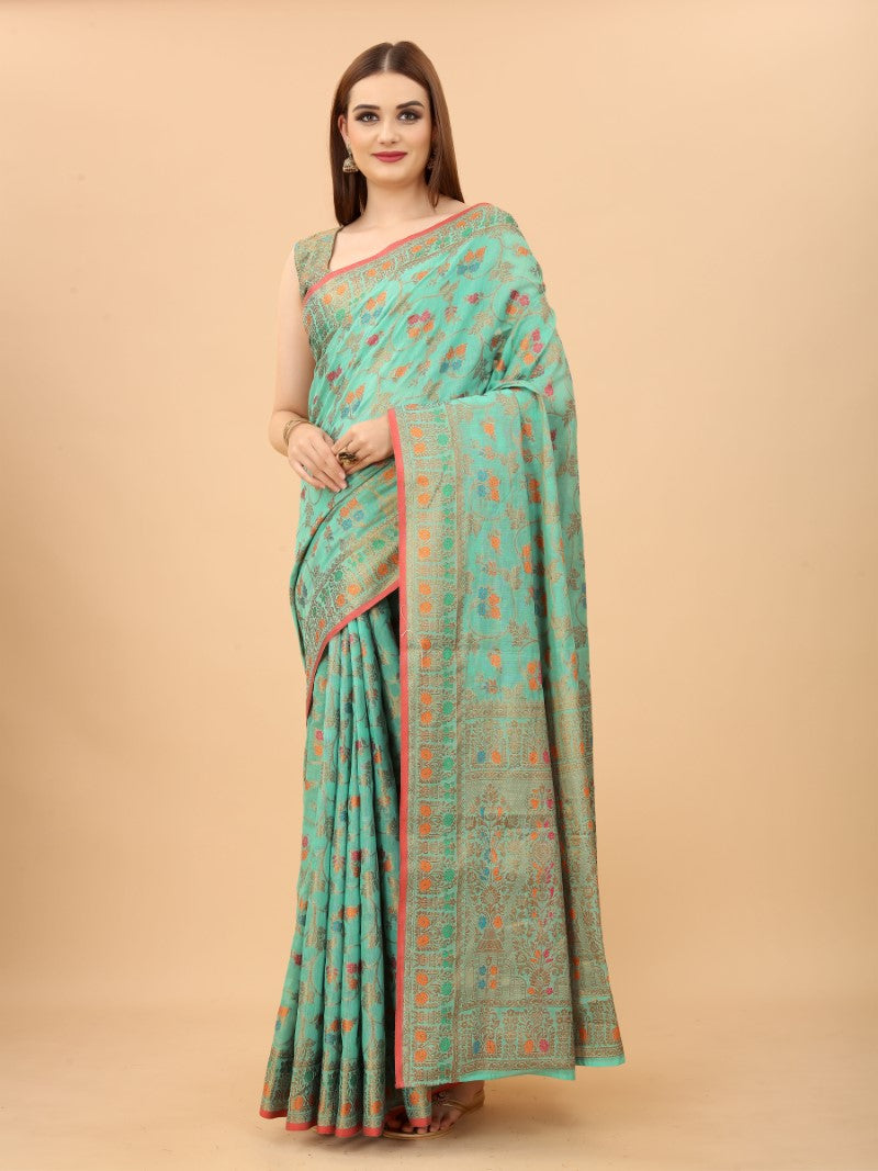 Women's Firozi color With Golden Zari Chanderi Cotton silk saree with Customize blouse piece