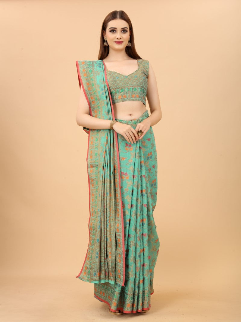 Women's Firozi color With Golden Zari Chanderi Cotton silk saree with Customize blouse piece