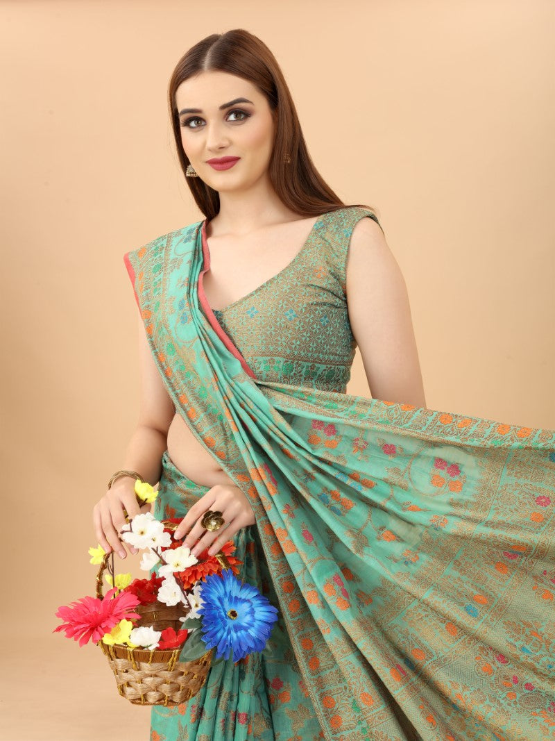 Women's Firozi color With Golden Zari Chanderi Cotton silk saree with Customize blouse piece