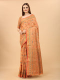 Women's Peach color With Golden Zari Chanderi Cotton silk saree with Customize blouse piece