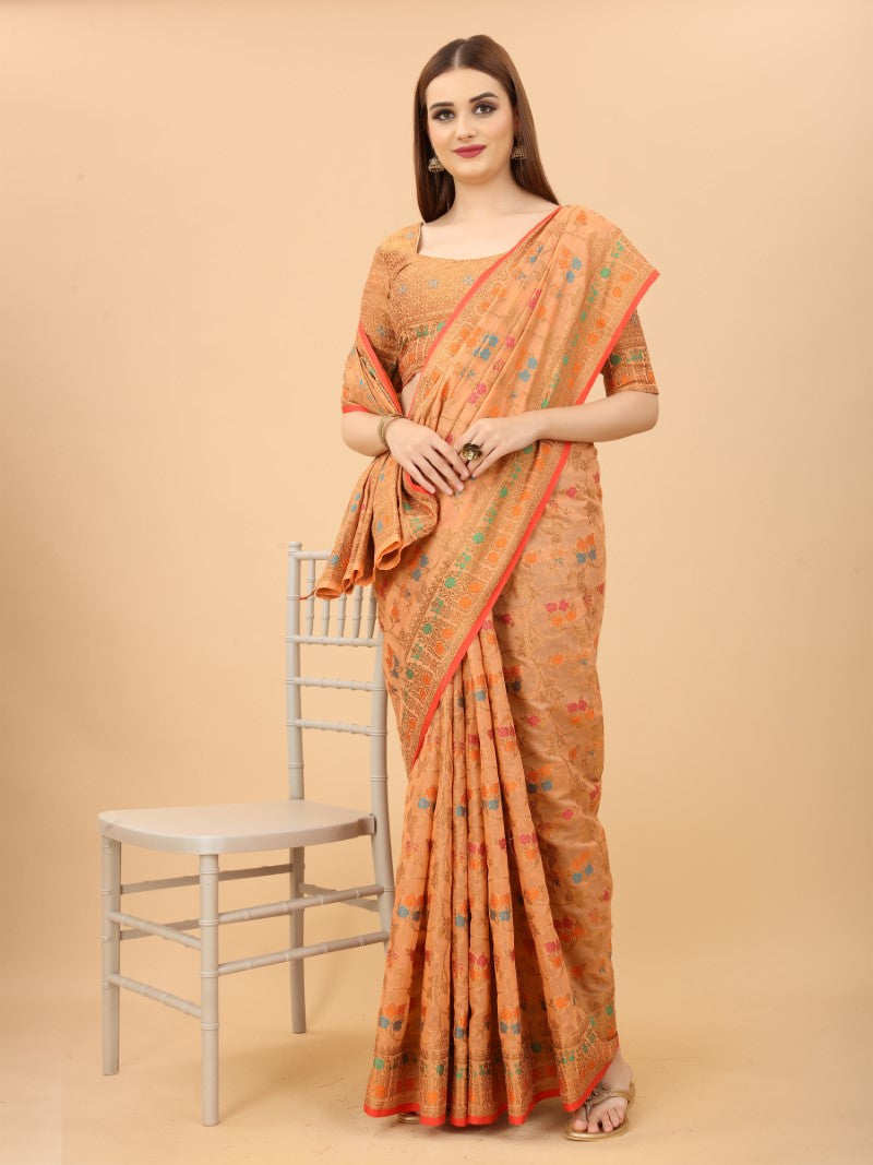 Women's Peach color With Golden Zari Chanderi Cotton silk saree with Customize blouse piece