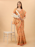 Women's Peach color With Golden Zari Chanderi Cotton silk saree with Customize blouse piece