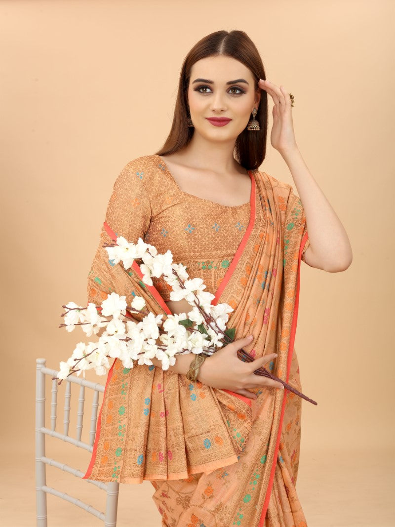 Women's Peach color With Golden Zari Chanderi Cotton silk saree with Customize blouse piece