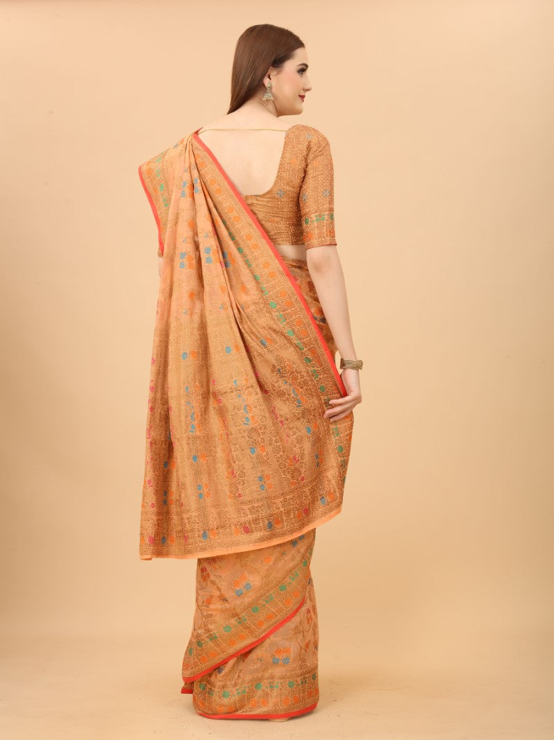 Women's Peach color With Golden Zari Chanderi Cotton silk saree with Customize blouse piece