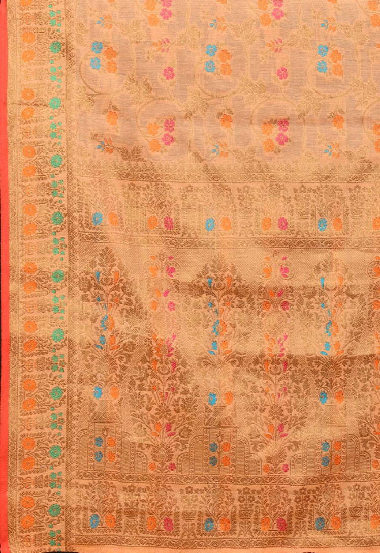 Women's Peach color With Golden Zari Chanderi Cotton silk saree with Customize blouse piece