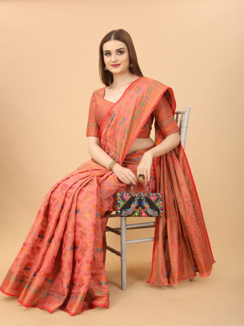 Women's Pink color With Golden Zari Chanderi Cotton silk saree with Customize blouse piece