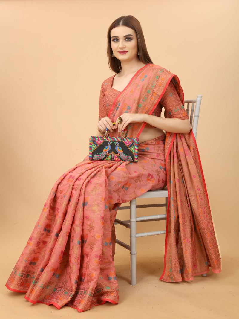 Women's Pink color With Golden Zari Chanderi Cotton silk saree with Customize blouse piece