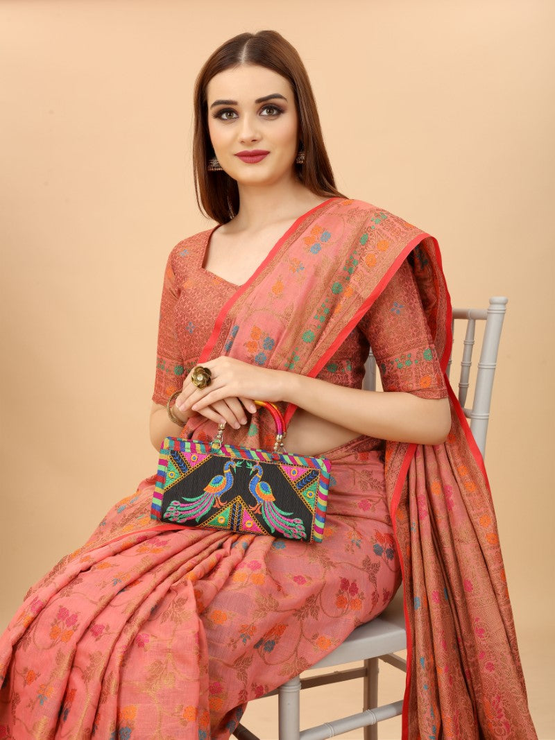 Women's Pink color With Golden Zari Chanderi Cotton silk saree with Customize blouse piece