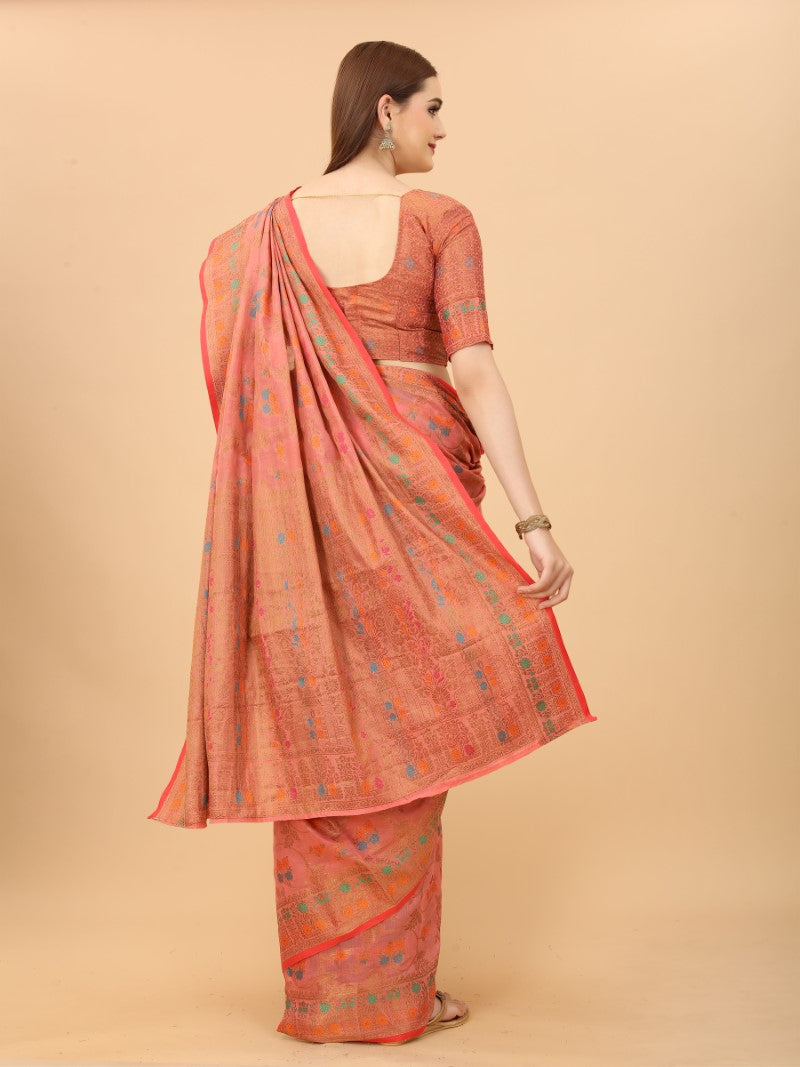 Women's Pink color With Golden Zari Chanderi Cotton silk saree with Customize blouse piece